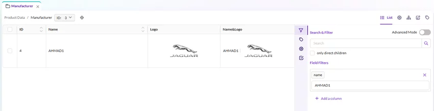 Grid view filtered by manufacturer name using field filters panel