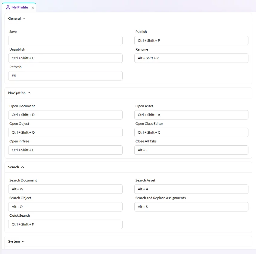 User profile screen displaying configurable keyboard shortcuts for navigation and actions