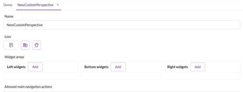 Perspective editor layout showing configurable widget areas for left, right, and bottom sections