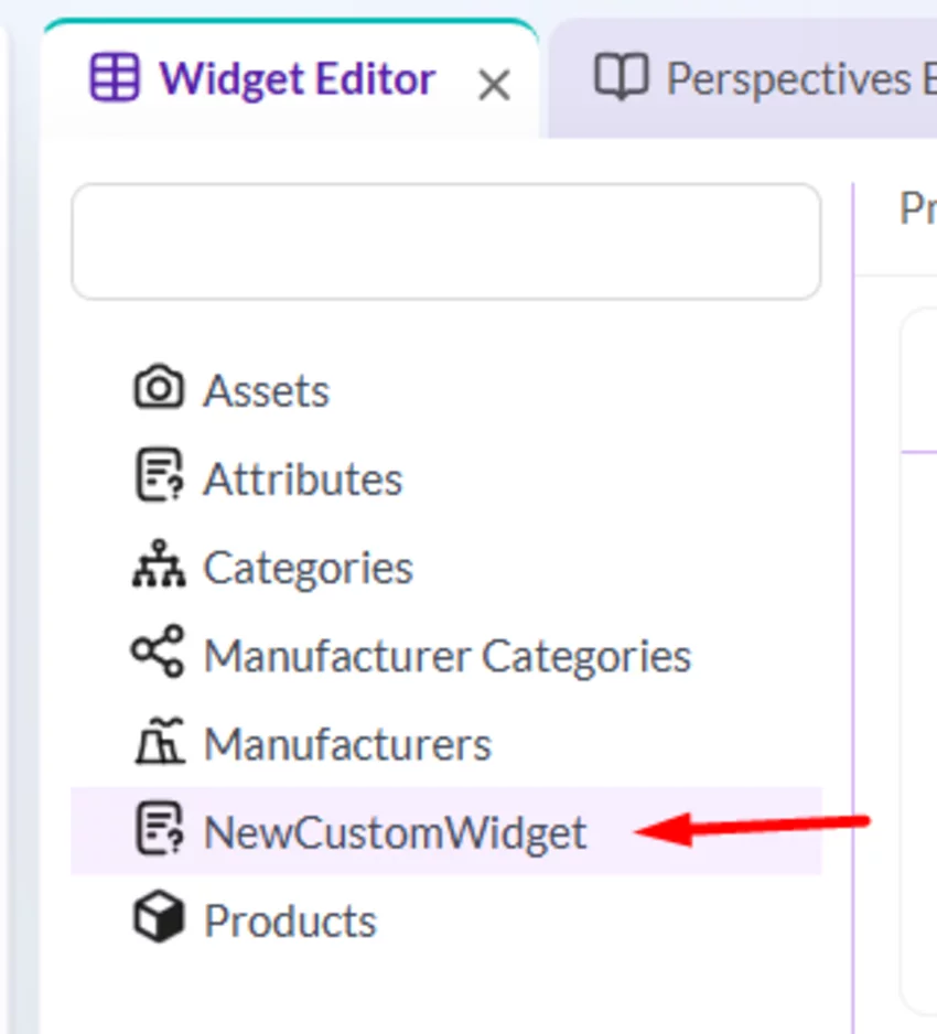 Widget editor panel displaying available widgets such as assets, categories, and custom widget