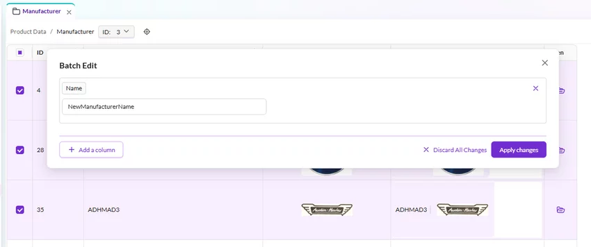 Batch edit modal with new value entered for manufacturer name field
