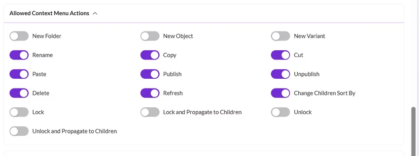 Widget configuration panel showing allowed context menu actions for objects
