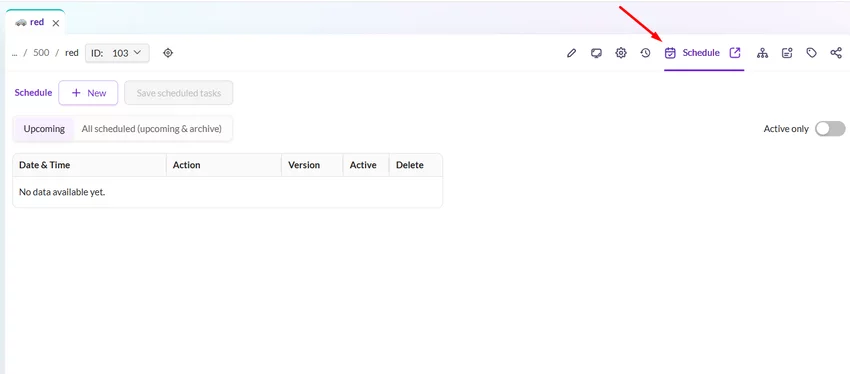Scheduling tab in object view showing upcoming and archived scheduled publishing actions