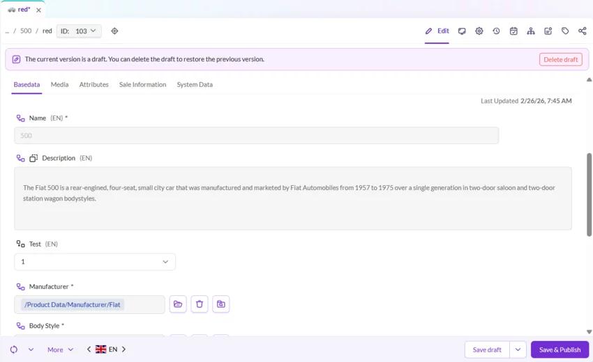 Object edit screen with option to save changes as draft instead of publishing