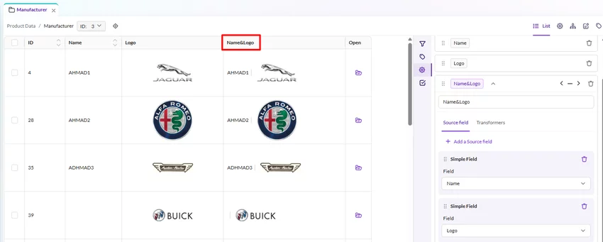 Grid view with combined column displaying name and logo using multiple source fields