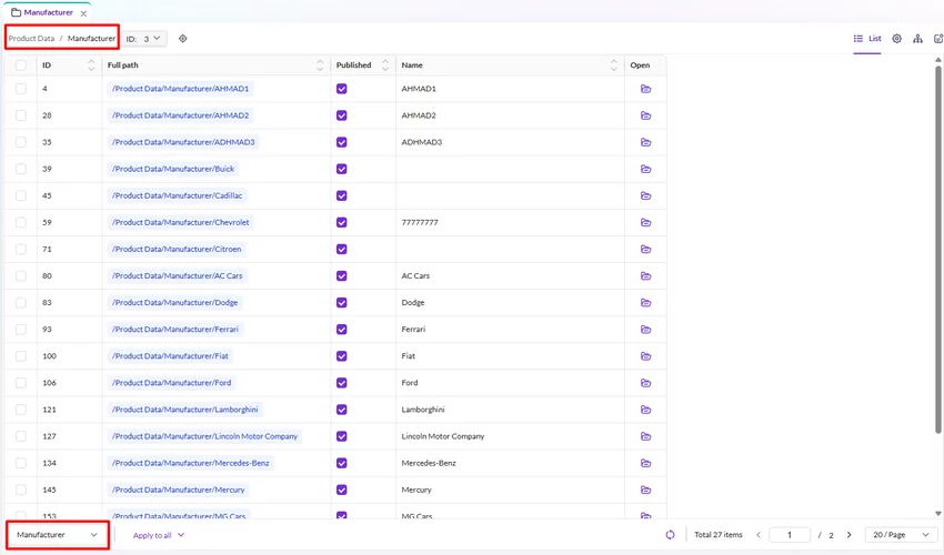 Default manufacturer grid view showing ID, full path, published status, and name columns