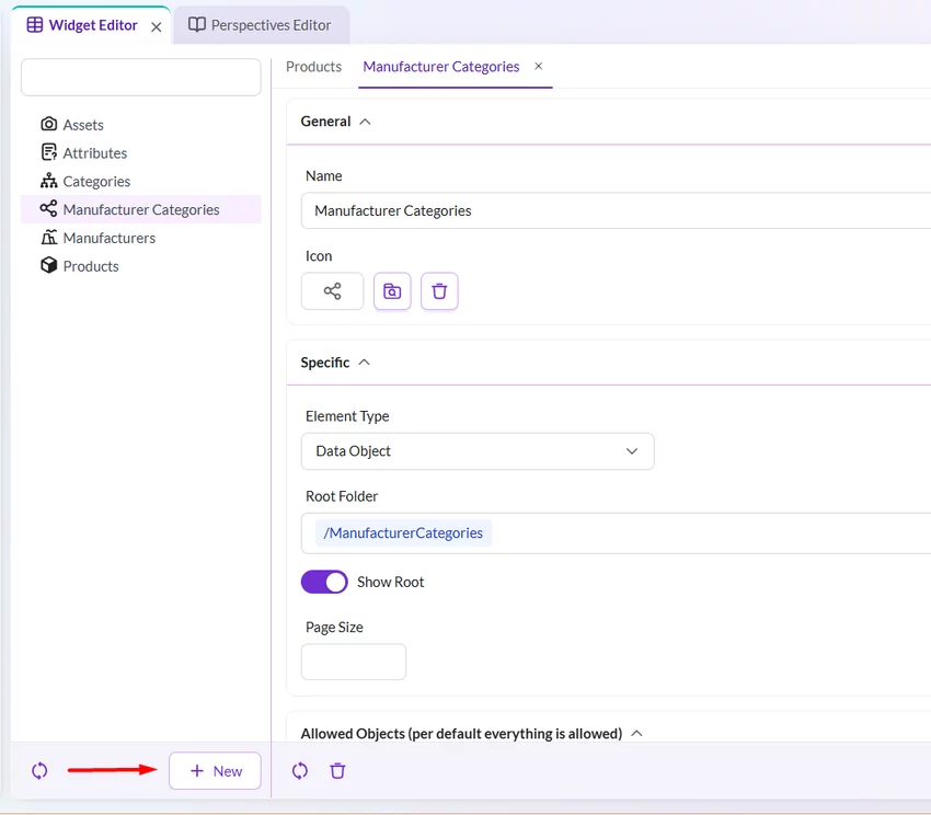 Widget editor with new custom widget created and listed in navigation