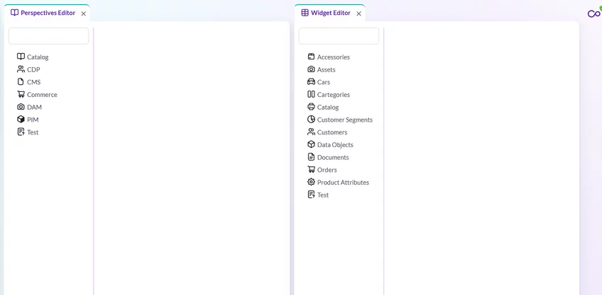 Side by side view of perspectives editor and widget editor in split screen mode