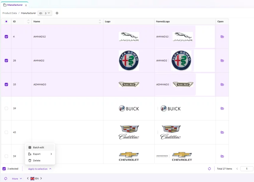 Grid view with selected rows and batch edit action menu for applying changes to selection