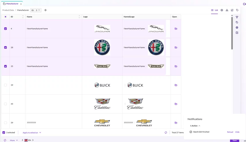 Notification panel confirming batch edit task completion in grid view