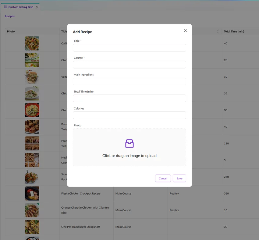Add Recipe modal form opened inside a custom Pimcore Studio widget.