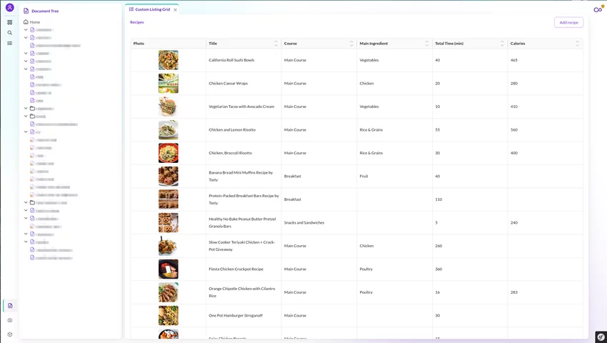 Custom Pimcore Studio widget displaying recipe data in a Grid listing.