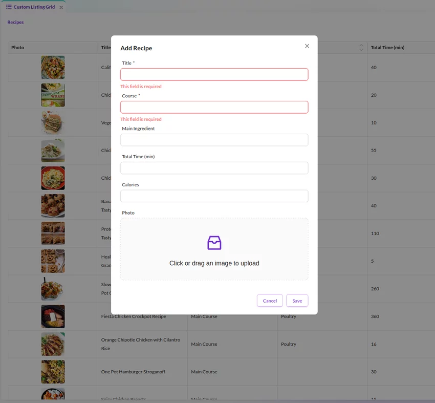 Validation error state in an Add Recipe modal form inside Pimcore Studio UI.