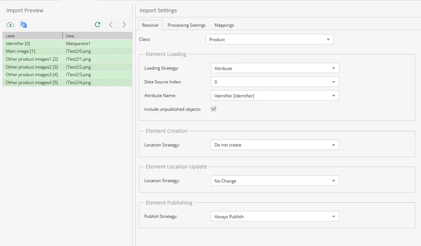 Resolver configuration for asset assignment showing how products are matched before assigning assets