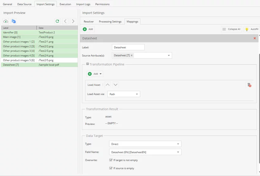 Import settings mapping