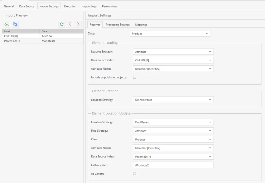 Hierarchy update configuration showing Find parent strategy and fallback path settings