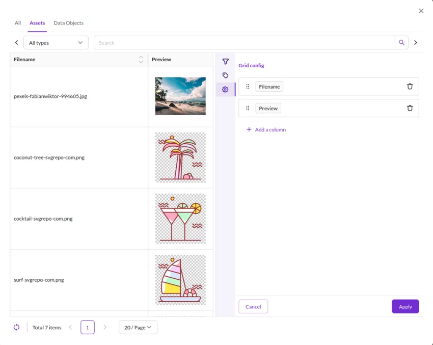 Asset searching with custom Grid config in Pimcore Studio