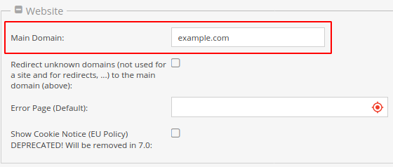 Configuring the main domain setting in Pimcore administration