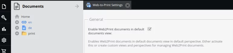 Configuring web to print settings in Pimcore administration