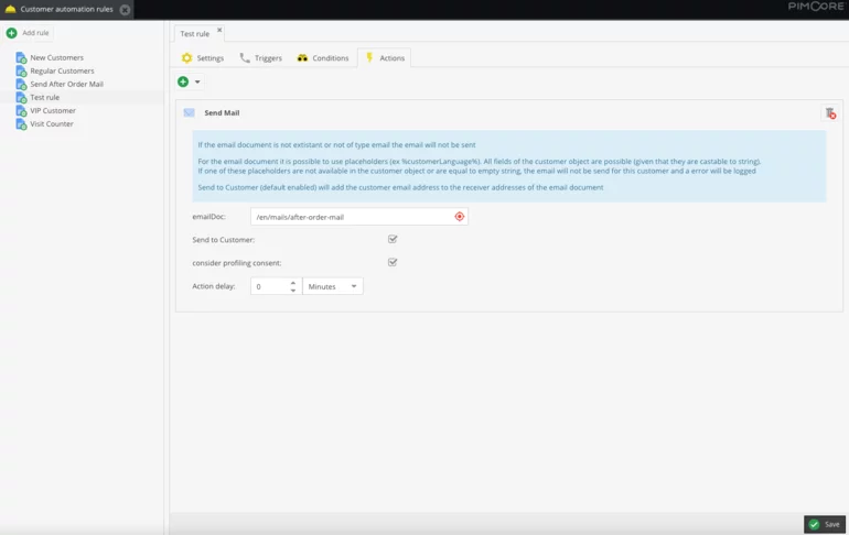 Customer automation rules in Pimcore - defining actions