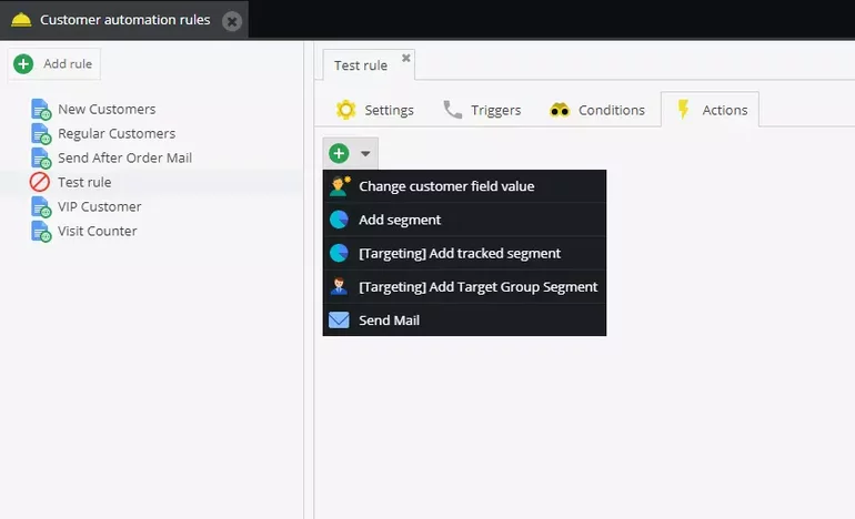 Defining actions for customer automation rules in Pimcore
