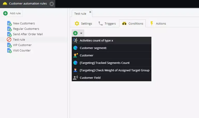 Defining conditions for customer automation rules in Pimcore