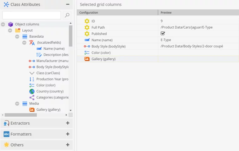 Grid options in Pimcore administration