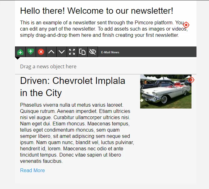 News content block in Pimcore's email templating system
