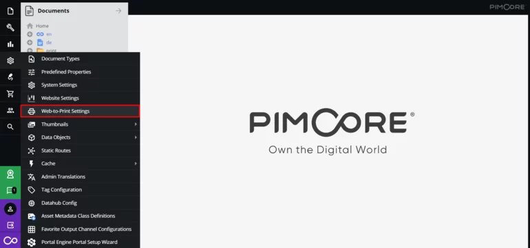 Opening web to print settings in Pimcore administration