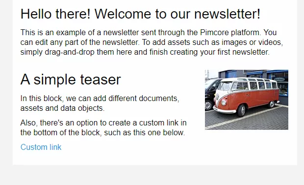Preview of email teaser block in Pimcore's email templating system