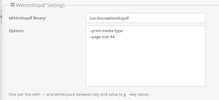 Wkhtml options in Pimcore administration