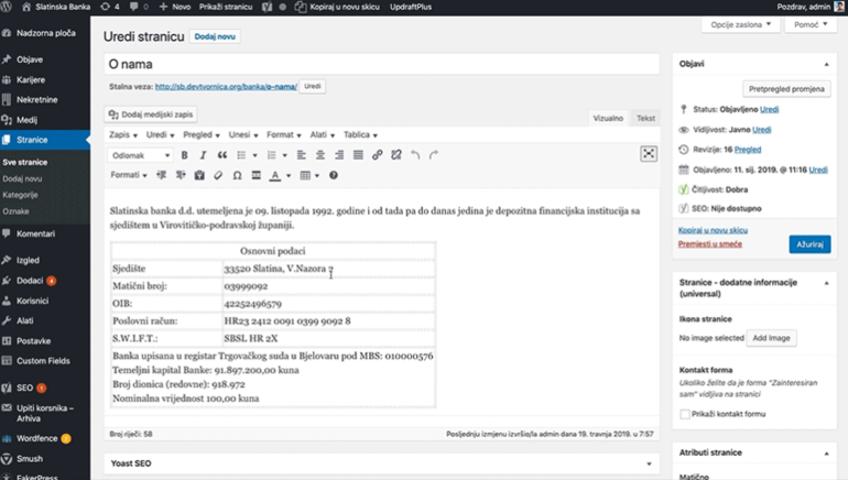 Slatina bank content management through Wordpress