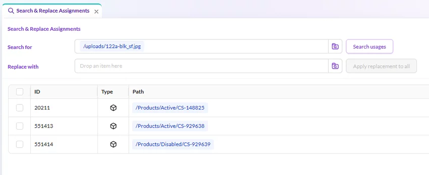 data management search and replace usages list